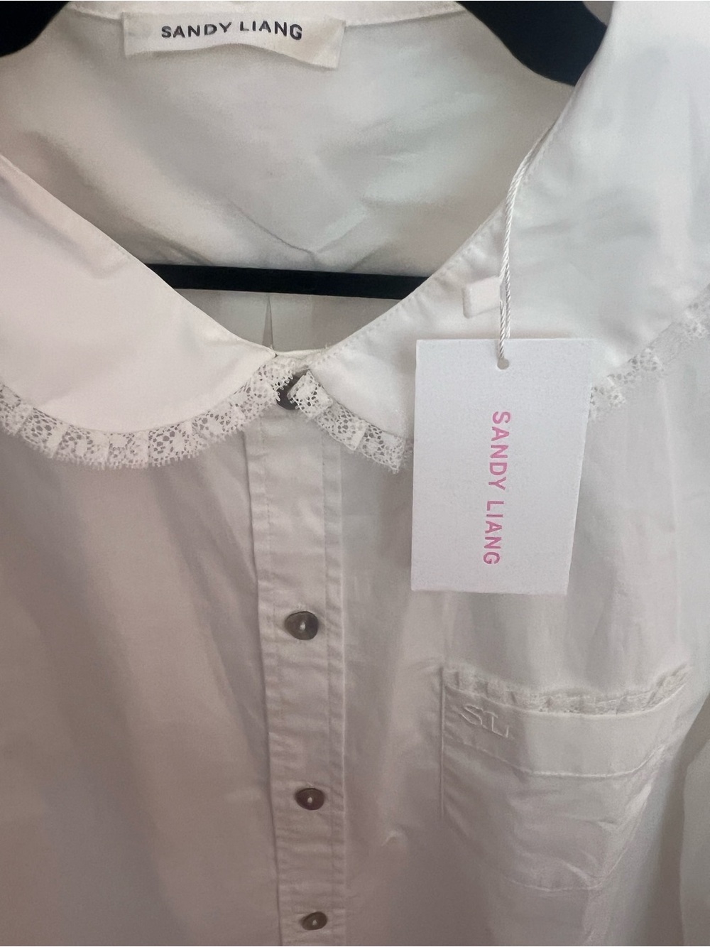 Sandy Liang Wembley Lace Cotton Poplin Button-Up Shirt Peter Pan coquette L - Picture 6 of 7